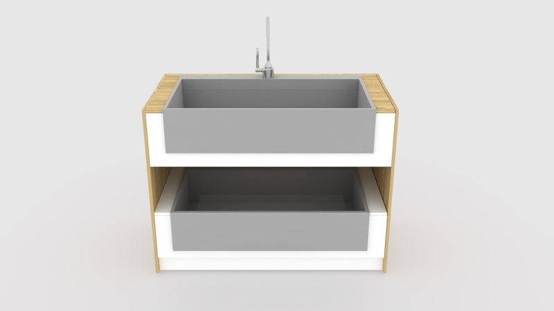 Designed specifically for apron sinks, the top will support sinks up to 200 lbs and the bottom drawer can hold sinks up to 80 lbs. Place best-sellers in the top tier and other models in the sliding drawer below. Tops are uncut. 
