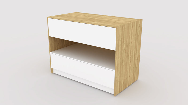 Place best-sellers in the top tier and other models in the sliding drawer below.