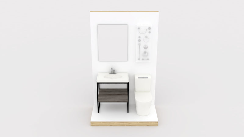 A simple method to divide up space. Use high L-walls to create simple vignettes with vanities or pedestal sinks, along with wall-mounted items like mirrors and lighting (wiring not included). Can be combined with other displays for a dynamic look. 